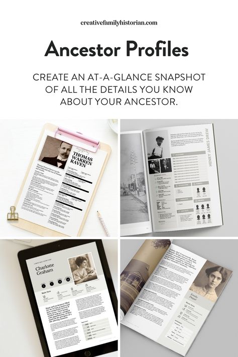 Ancestor Profiles are a fantastic way to create an at-a-glance snapshot of all the details you know about your ancestor. Check out the different designs in the Family History Summary (top left), Classic Family History Book (top right), Minimalist Family History Pages (bottom left and right). Shop the template to grab a family history template for you next project.