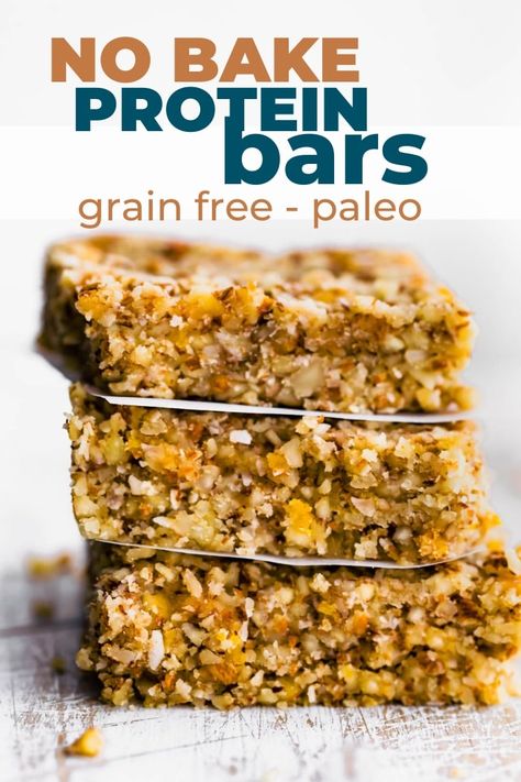 These paleo protein bars have mango, coconut and almonds, for a tropical taste. Make the no-bake protein bar recipe using natural sugars and healthy fats! Great for travel, pre/post workout fuel, breakfast, or healthy snacks. Protein Bar Recipe, No Bake Protein Bars, Paleo Protein Bars, Paleo Bars, Paleo Protein, Coconut Protein, Healthy Bars, Protein Bar Recipes, Coconut Almond