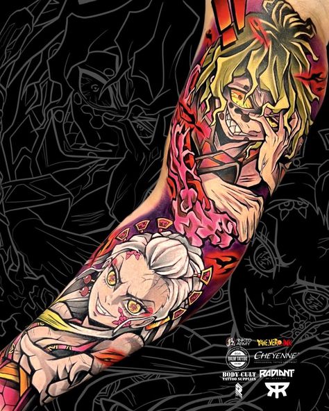 Aurora Tattoo, Tattoos Cartoon, Demon Slayer Tattoo, Tattoo Banner, Leg Sleeve Tattoos, Leg Tattoo Ideas, Slayer Tattoo, Character Tattoos, Nerd Tattoo