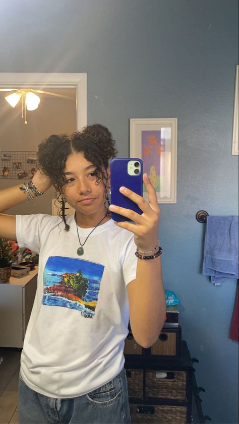 Mirror pic, curly hair inspo, space buns, hair, hair inspo, homecoming hairstyles Space Buns Curly Hair, Space Buns Hair, Curly Hair Inspo, Baddie Style, Space Buns, Bun Tutorial, Mirror Pic, 8th Grade, Homecoming Hairstyles