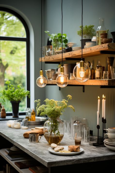 Light In The Kitchen, Grey Island, Kitchen Still Life, Lights Over Island, Gray Island, Amber Light, Amber Lights, Urban Environment, Kitchen Inspo