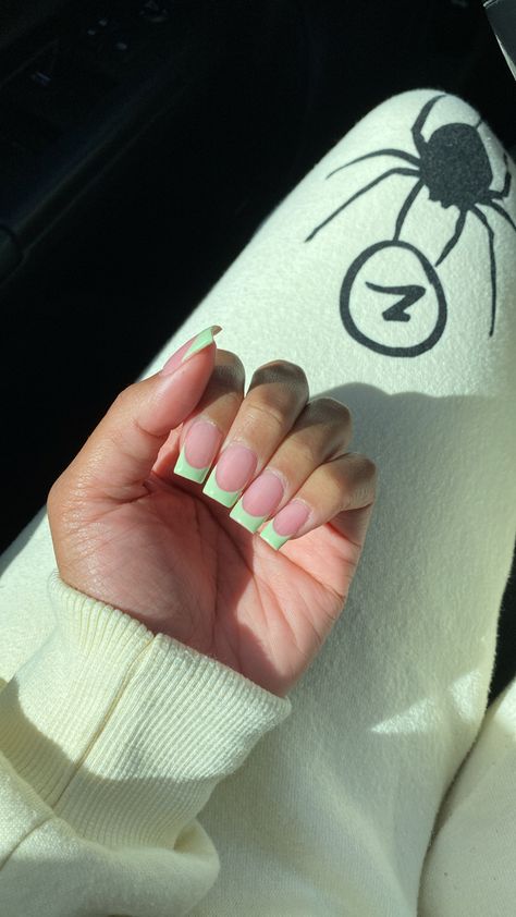 Matcha Acrylics, Pale Green French Tips, Square French Tip Acrylic Nails Colorful, Square French Tip Acrylic Nails Color, Mint Green French Tip Nails Short, Solid Color French Tip Nails, Coffin Green French Tip Nails, Green Tip Nails Coffin, Light Green French Tip Nails Square