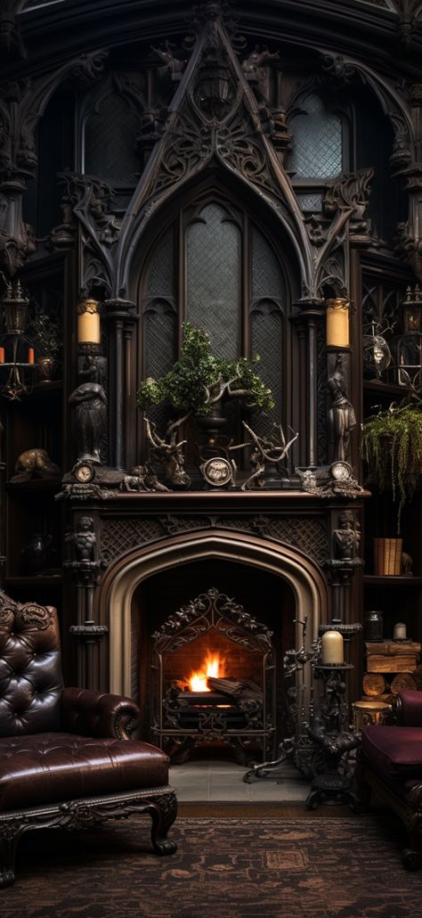 Step into an expansive room, dominated by a roaring fireplace and adorned with dark, intricate woodwork. The mood is set with gothic, moody tones drawing inspiration from the Victorian era. Plush furniture, upholstered in rich leather, complements the warm tonal range. Every element, reminiscent of Jessica Drossin's artistry, echoes an aura of dark elegance and intricate design. #GothicSplendor #MoodyInteriors #VictorianInspired Victorian Style Fireplace, Dark Academia Fireplace Mantle, Gothic Style Interior, Steampunk Fireplace, Gothic Fireplace Decor, Dark Academia Fireplace, Goth Fireplace, Old Victorian Living Room, Gothic Chimney