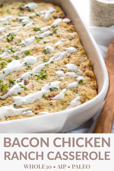 This Bacon Chicken Ranch Casserole is one of the best AIP recipes! It's an easy dinner that's great for batch cooking and freezing leftovers for lunch. Bonus: it's a winner for kids! If you're following the Autoimmune Protocol, you have to try this Whole30, Paleo, low carb, and gluten free spaghetti squash casserole. Bacon Chicken Ranch Casserole, Chicken Ranch Casserole, Paleo Casserole, Aip Diet Recipes, Freezing Leftovers, Ranch Casserole, Autoimmune Recipes, Spaghetti Squash Casserole, Autoimmune Paleo Recipes