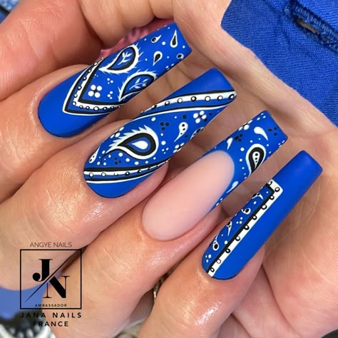 Royal Blue Bandana Nails, Blue Bandana Nails Design, Bandana Print Nails, Blue Bandana Nails, Gang Nails, Bandana Nail Art, Cholo Nails, Royal Blue Nails Acrylic, Bandana Nails