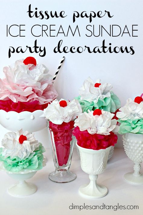 Ice Cream Sundae Party, Sundae Party, Paper Ice Cream, 50s Theme Parties, Dimples And Tangles, Ice Cream Party Decorations, Ice Cream Sundae Bar, Diy Fimo, Sundae Bar