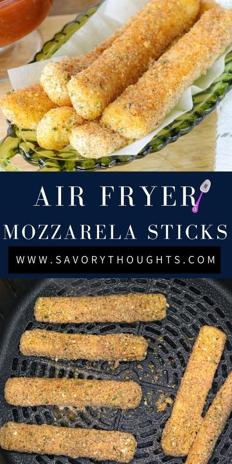 These Air Fryer Mozzarella Sticks are crispy on the outside, soft and cheesy on the inside, just the way fried cheese should be! Mozzarella Sticks | Fried Cheese Sticks | Cheese Appetizer | Homemade Mozzarella Sticks | Mozzarella Sticks Recipe | Baked Mozzarella Sticks | Cheese Sticks Recipe | Savory Thoughts Homemade Cheese Sticks, Air Fryer Mozzarella Sticks, Air Fryer Mozzarella, Baked Mozzarella Sticks, Fried Cheese Sticks, Baked Mozzarella, Cheese Sticks Recipe, Homemade Mozzarella Sticks, Mozzarella Sticks Recipe