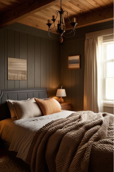 Small bedroom with a dramatic, moody paint color Color Drenched Bedroom, Colors For Small Bedrooms, Paint Colors For Small Bedrooms, Small Bedroom Paint, Brown Bedroom Colors, Small Bedroom Colours, Bedroom Big, Cozy Bedroom Colors, Chic Nightstand