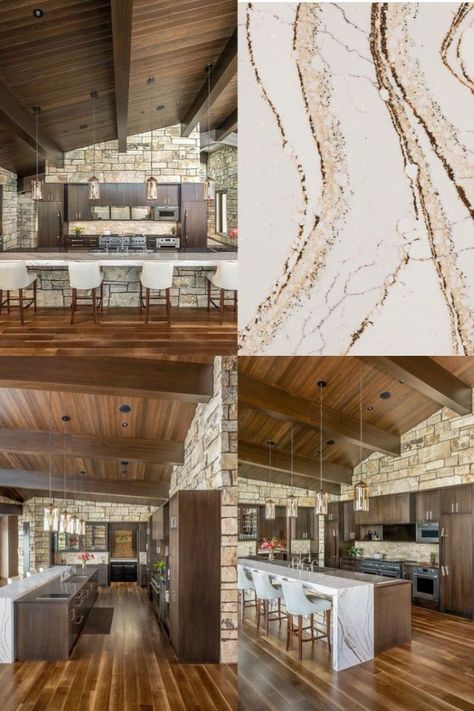 Cambria Clovelly Quartz, Clovelly Cambria, Quartz Countertops With Brown Cabinets, Brown White Kitchen, Quartz Kitchen Countertops White, Lodge Kitchen, Cambria Quartz Countertops, Cambria Countertops, Countertops White