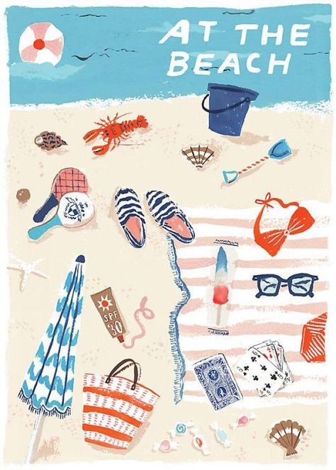 Summer Illustration Art, Beach Items, Beach Illustration, Summer Illustration, Beach Scene, Summer Inspiration, Beach Print, Pics Art, Beach Art