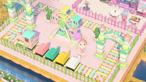 Carnival Floor Animal Crossing, Pastel Path Acnh, Aesthetic Animal Crossing House, Fair Animal Crossing, Kidcore Animal Crossing Ideas, Acnh Funfair, Acnh Carnival Path, Animal Crossing Fair, Pastel Kidcore Acnh