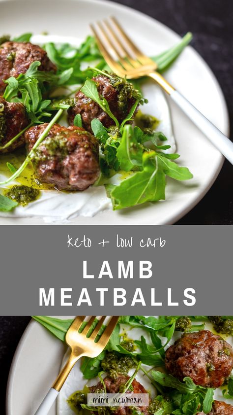 Keto Lamb Meatballs with Salsa Verde | Mimi Newman Ground Lamb Stroganoff Recipe, Low Carb Lamb Recipes, Keto Ground Lamb Recipes, Carnivore Ideas, Ground Lamb Recipes, Greek Tzatziki, Keto Meatballs, The Boiled Egg Diet, Keto Dishes