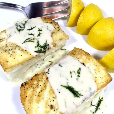 Halibut with Lemon Cream Sauce is rich, moist and creamy. The sauce with a touch of fresh dill compliments the tender flakiness of the halibut. Sauce For Halibut, Halibut Recipes Healthy, Creamy Lemon Dill Sauce, Dill Cream Sauce, Lemon Cream Sauce, Salad Appetizer Cups, Lemon Dill Sauce, Grilled Halibut, Dill Recipes