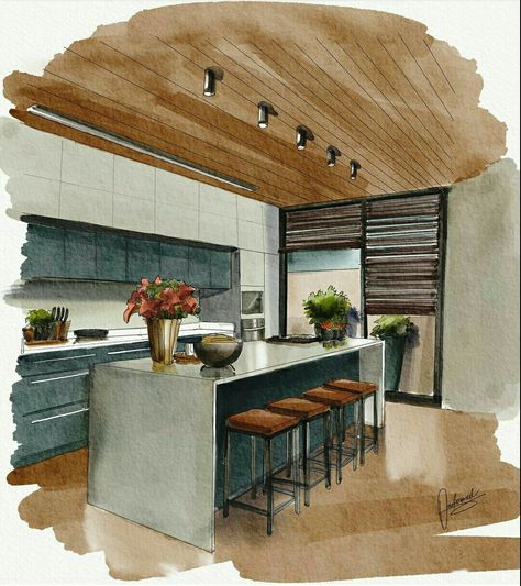 Interior Design Sketches Kitchen, Drawing Interior Design, Interior Architecture Sketch, Interior Design Portfolio Layout, Interior Design Sketchbook, Furniture Design Sketches, Kitchen Drawing, Interior Design Student, Drawing Interior