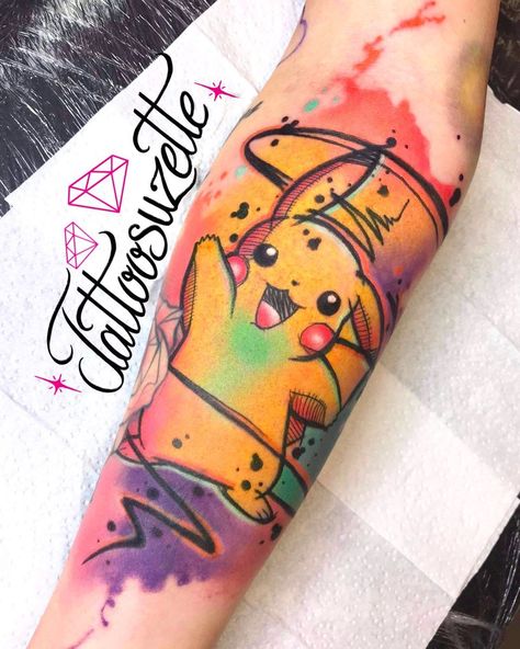 Pokemon Watercolor Tattoo, Pikachu Tattoo Design, Pokemon Watercolor, Japan Tattoos, Pikachu Tattoo, Body Tattoo Design, Her Tattoo, Polka Tattoo, Gamer Tattoos