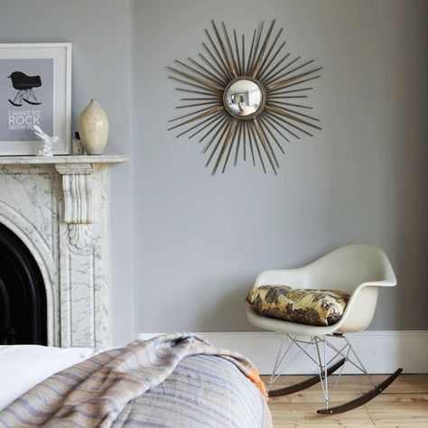 Farrow & Ball's Lamp Room Gray bedroom Farrow And Ball Lamp Room Grey, Lamp Room Grey, Eames Rocking Chair, Study Lamp, Lamp Room, Colour Study, Starburst Mirror, Ball Lamp, Modern Country Style