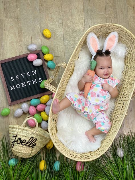 Easter Photoshoot Baby 3 Months, Spring Baby Milestone Picture, Easter Themed Photoshoot, Snuggle Me Monthly Photos, Baby Easter Photoshoot Ideas, 2month Old Baby Pictures Ideas, Easter Baby Picture Ideas, April Baby Photoshoot Ideas, Girl Monthly Milestone Ideas