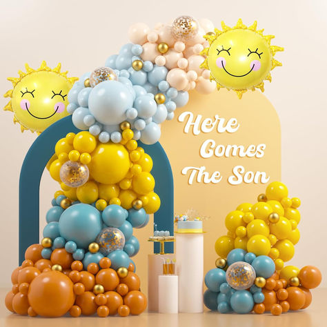 Here Comes the Son Baby Shower Decorations JOGAMS 182Pcs Retro Blue Orange Yellow Balloons for First Trip Around The Sun Sunshine Here Comes The Son Theme Baby Shower Birthday Party Decorations #ad #herecomestheson #herecomesthesunbabyshower #babyshowerideas #babyshowersupplies #babyshowerthemes #boybabyshowerideas #boybabyshowerthemes #herecomestheson Baptism Party Decorations, Here Comes The Son, March Baby, First Trip Around The Sun, Boy Baby Shower Ideas, Sunshine Baby Showers, Gold Confetti Balloons, Sunshine Birthday, Yellow Balloons