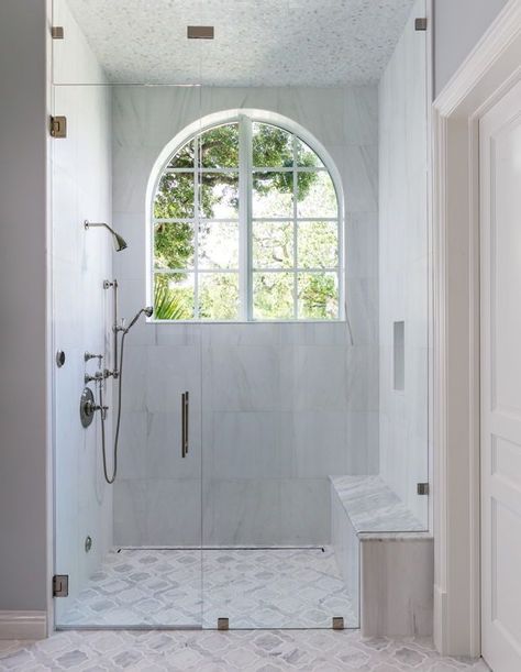 Arched Interior Doors, Exterior Columns, Bold Bathroom, Arch Window, Bathroom With Tub, Shiplap Ceiling, Window In Shower, Neoclassical Interior, Luxurious Showers