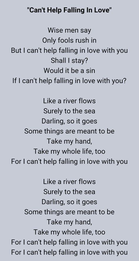 "Can't help falling in love" By: Elvis Presley ❤❤❤ R.I.P My favorite quote of his: "No honey. I'm not the king. Christ is the king. I'm just a singer" Elvis Love Quotes, Elvis Quotes Lyrics, I Can’t Help Falling In Love With You, I Cant Help Falling In Love, Fall In Love Lyrics, Elvis Quotes, Can't Help Falling In Love, Wise Men Say, Dream Beach Wedding