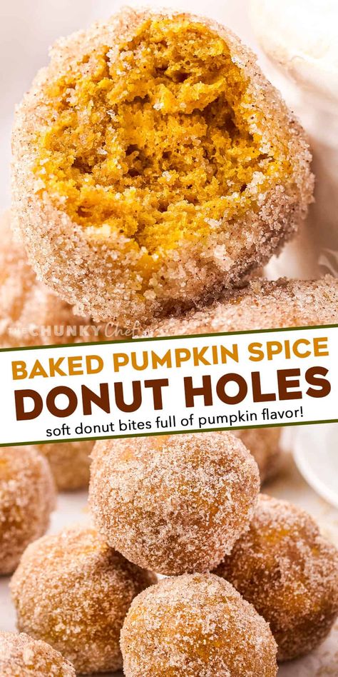 These light and fluffy pumpkin spice donut holes are baked instead of fried, and decadently dipped in butter and rolled in cinnamon sugar. They're the perfect Fall breakfast or treat! #pumpkin #donutholes #pumpkinspice Fall Baked Goods Pumpkin, Fall Donut Holes, Easy Pumpkin Donut Holes, Cinnamon Sugar Pumpkin Donut Holes, Pumpkin Donut Holes Baked, Pumpkin Munchkins, Pumpkin Doughnut Holes, Pumpkin Spice Snack, Pumpkin Spice Donut Holes