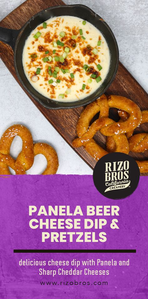 A yummy twist on a traditional dish!  INGREDIENTS: Product Image 1 (8oz) Rizo Bros Panela Cheese 1/3 cup Beer, Lager or Ale 2 Tbsp Garlic Powder 2 Tbsp Onion Powder 1/4 cup Sharp Cheddar Cheese (grated) 1 Tbsp Worcestershire Sauce 4 Large Soft Pretzels 1 Tbsp Green Onion (garnish) Salt and Pepper (to taste) Recipes With Panela Cheese, Panela Cheese, Panela Cheese Recipes, Beer Cheese Dip, Pretzel Dip, Homemade Condiments, Beer Cheese, Cheese Dip, Game Day Food