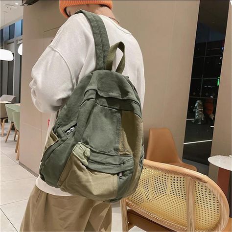 "Contrast Colour Canvas Backpack, Minimalist Casual Bag, Large Capacity Backpack for Travel, Outdoor Bag, Laptop Backpack, Back to School - Material: canvas - Size: 34*39*16cm (width * height * thickness) - Capacity:20-35L - Weight: about 0.58kg - Large main compartment with double zipper closures. 1 exterior zipper pocket. 1 interior open pocket. 2 side water bottle pockets. Adjustable shoulder straps. This data is obtained by manually measuring the product and may vary by 1-2 cm. Due to different monitors and different light, the product may have color difference. -Features Are great for grocery shopping, carrying school books, art supplies, laptops or tablets, office supplies, etc. Easy for shopping, Lightweight, fashion. It has handles and a large inner pocket so that small things don' Cool School Backpacks, Green Backpack Outfit, Backpack Outfits Women, Trendy School Backpacks, Backpack Outfits, Bags College, Patchwork Backpack, Korean Fashion School, College Backpacks