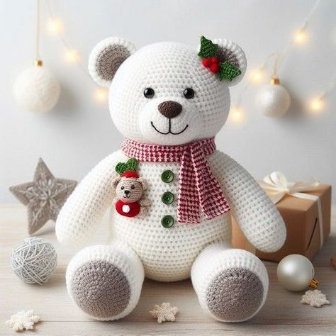 Christmas Cuddle Me Bear Free Crochet Pattern Polar Bear Crochet Pattern Free, Crochet Christmas Decorations Free, Crochet Teddy Bear Pattern Free, Knitting Bear, Crochet Bears, Teddy Bear Patterns Free, Knitted Projects, Bear Patterns Free, Amigurumi Christmas