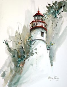 Painting Ideas For Beginners, Lighthouse Painting, Lighthouse Art, Watercolor Architecture, Paintings Watercolor, Watercolor Pictures, Watercolor Projects, The Lighthouse, Painting Gallery