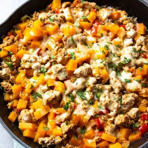 Ground Turkey Butternut Squash Skillet - Garden in the Kitchen Ground Turkey Butternut Squash, Sweet Potato Ground Turkey, Butternut Squash Skillet, Turkey Butternut Squash, Butternut Squash Dinner, Ground Turkey Skillet, Squash Dinner, Healthy Skillet Meals, Turkey Skillet