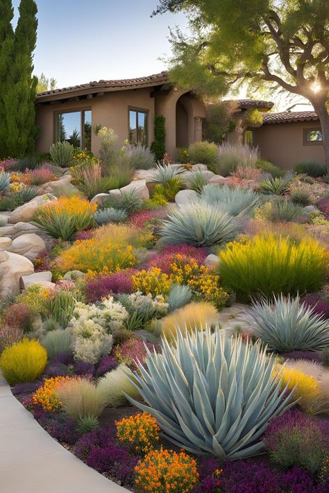 Beautifully arranged succulent landscaping in the front yard, highlighting drought tolerant ground cover and blooming ground cover flowers, ideal for a sustainable drought tolerant landscape. Drought Tolerant Landscape Front Yard, Landscape Front Yard, Bermuda Grass, Drought Resistant Plants, Drought Tolerant Garden, Drought Tolerant Landscape, Front Yard Landscape, Saving Water, Front Yard Ideas