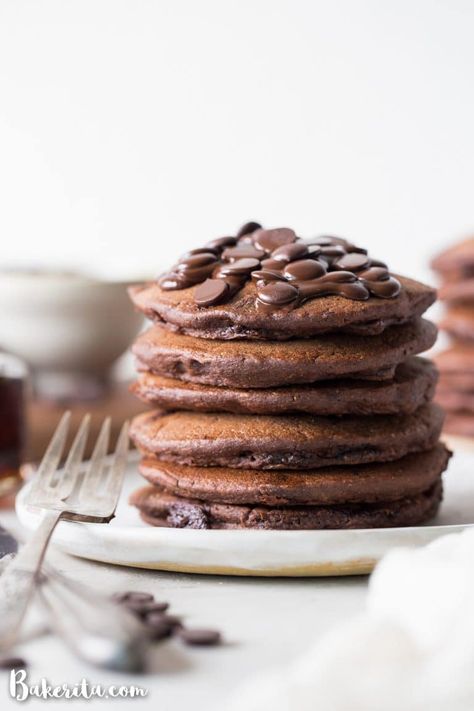 Gluten-Free Vegan Double Chocolate Pancakes • Bakerita Two Pancake Recipe, Double Chocolate Pancakes, Cookie Brownie Recipe, Chocolate Pancakes, How To Make Pancakes, Coconut Whipped Cream, Pancake Batter, Coconut Butter, Waffle Recipes