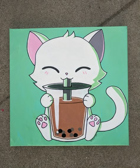 Doodles On Canvas, Cute Square Canvas Paintings, Anime Painting Acrylic Canvas, Kawaii Canvas Painting, Cute Simple Canvas Paintings, Painting Ideas On Canvas Anime, Canvas Painting Ideas Cute, Aesthetic Painting Ideas Cartoons, Canvas Art Disney