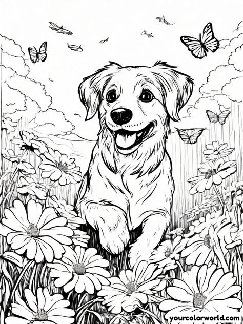 14 Free Cute Dog Coloring Pages Cute Dog Coloring Pages, Chasing Butterflies, Dog Lounge, Dog Coloring Book, Grassy Field, Blooming Garden, Dog Coloring Page, Puppy Play, Funny Hats