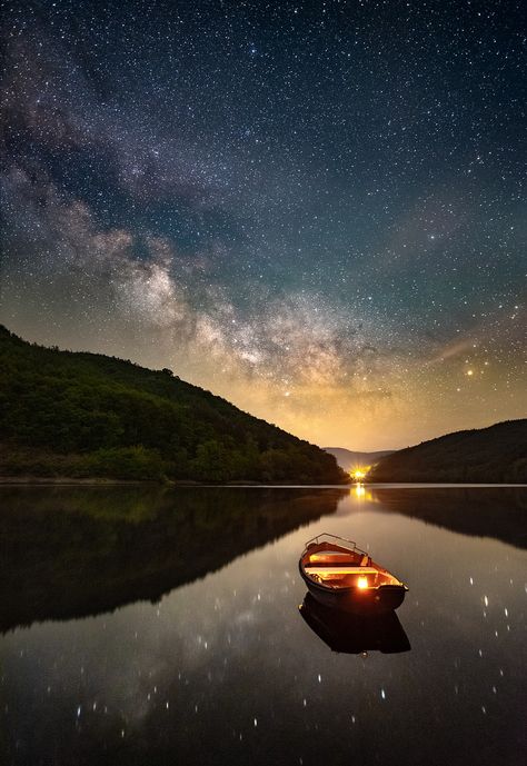 Night Lake Boat Star, #Lake, #Boat, #Star, #Night Mountains At Night, Night Landscape Photography, Beautiful Night Sky, Night Sky Photography, Lake Boat, Night Landscape, Stars At Night, Star Sky, Nature Images