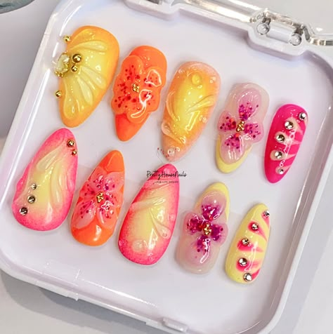 Colorful Sunset Tropical Flower Press on Nails, Custom Flower Nail Set, Trendy Fake Nails for Stylish Ladies, 3D Handcraft Nail Art, Gift. - Etsy Tropical 3d Nails, 3d Nail Designs Summer, Nail Inspo Colorful, Tropical Nail Ideas, Brazil Nails, Nails Tropical, Flower Press On Nails, Sunset Tropical, Sunset Nails