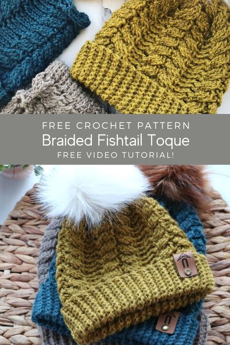 Free crochet pattern and video to crochet a braided fishtail toque! Comes in baby to adult size. Crochet cable resembles a fishtail braid. Crochet Adult Hat, Hats Crochet, Easy Crochet Hat, Crochet Cable, Crochet Hat Free, Crochet Knit Hat, Crochet Beanie Hat, Fishtail Braid, Crochet Beanie Pattern