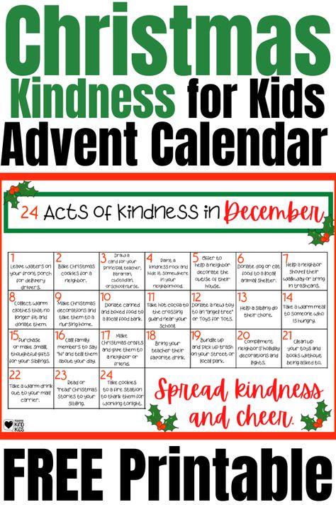 Use this Christmas Kindness for Kids Advent Calendar free printable to get 24 kindness activities perfect for December. Do 24 acts of kindness this December and focus on giving rather than getting. Christmas Kindness For Kids, Kindness Calendar, Holidays Activities, Kids Advent Calendar, 24 Days Of Christmas, Christmas Kindness, Kindness For Kids, Kids Advent, Catholic Lent