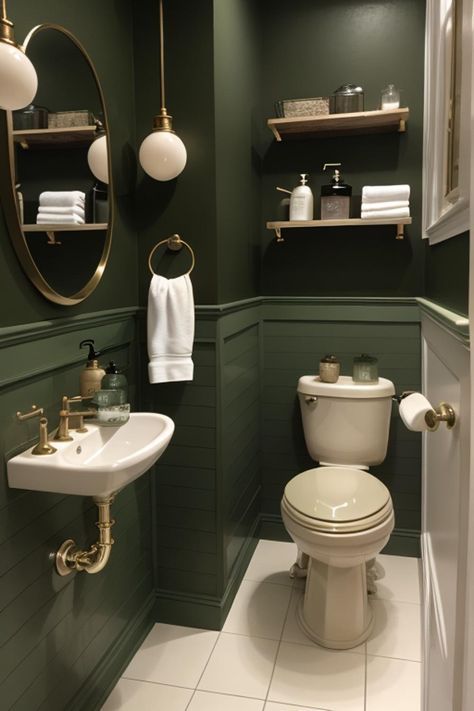 Dark Green Home Accents, Teal Master Bath, Powder Bath Inspiration, Dark Academia Aesthetic Bathroom, All Green Bathroom, Dark Green Half Bath, Fun Small Bathroom, Green Toilet Room, Green And Black Bathroom Ideas