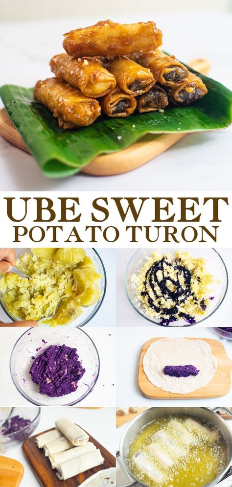 This Ube Sweet Potato Turon is simple to make, crunchy, sweet, and delicious. It's made with sweet potato, ube powder, and pineapple juice which makes a healthy and addicting snack! Turon Recipe Filipino Desserts, Dessert Lumpia, Kamote Recipe, Ube Turon, Potato Spring Rolls, Filipino Desert, Turon Recipe, Lumpia Wrapper, Spring Roll Pastry