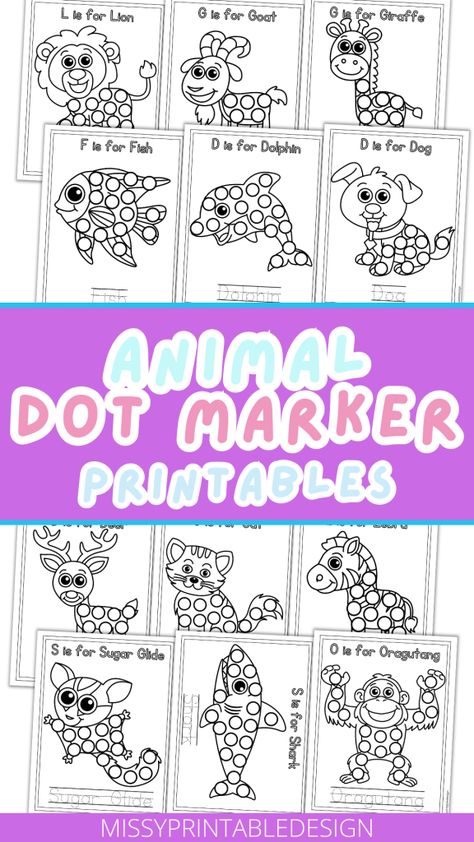 Free Animal Dot Marker Printables - MissyPrintableDesign Dot Pictures Free Printable, Dot Marker Activities Free Printables, Free Dot Marker Printables, Fish Dot Painting, Preschool Dot Marker Printables Free, Dot Coloring Pages Free Printable, Animal Dot Painting, Dot Markers Art, Dot Marker Printables