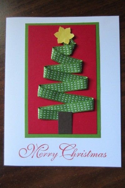 Christmas Ribbon by AnnetteMac - Cards and Paper Crafts at Splitcoaststampers Christmas Cards With Ribbon, Strip Cards Christmas, Washi Tape Christmas Cards Easy Diy, Christmas Card Recycle Crafts, Sewn Christmas Cards Fabric Scraps, Ribbon Christmas Tree Card, Ribbon Tree, Ribbon Cards, Create Christmas Cards