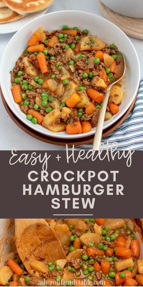 This simple Crock Pot Hamburger Stew is a cinch to throw together on a busy weekday! Browned hamburger, potatoes, carrots, peas, and onions come together for this soup version of the classic hobo dinner. Hamburger Stew Crock Pot, Crockpot Hamburger Stew, Crock Pot Hamburger, Hobo Stew, Peas And Onions, Recipe Using Tomatoes, Hamburger In Crockpot, Hobo Dinner, Soup With Potatoes