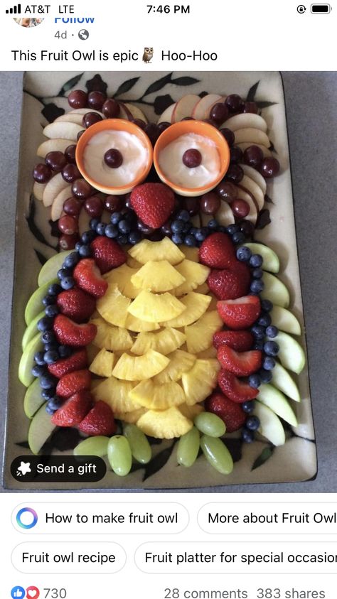 Animal Fruit And Veggie Trays, Owl Fruit Platter, Fox Veggie Tray, Owl Charcuterie Board, Cheese Tray, Veggie Tray, Fruit Platter, Snack Ideas, Charcuterie Board