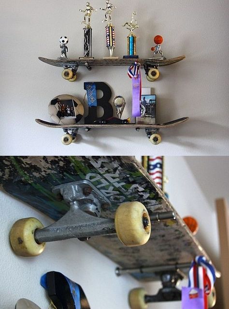 skateboard shelve..jaden would love this to put his trophies and medals on Skater Bedroom, Emo Decor, Skateboard Shelves, Blue Velvet Chairs, Diy Regal, Creative Storage Solutions, Kids Rooms Diy, Regal Design, Room Shelves