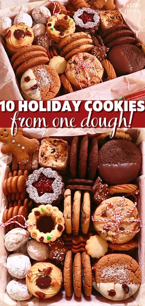 2 pictures of holiday cookie box with 10 kinds of holiday cookies Christmas Cookie Boxes, Christmas Cookie Recipes Holiday, Christmas Cookie Box, Christmas Cookies Gift, Box Video, Christmas Cookie Exchange, Christmas Cookies Easy, Make 10, Homemade Holiday