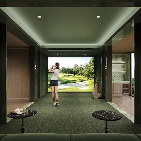 Studio Munge | Yonge City Square - Studio Munge Game Room Sports, Golf Themed Coffee Table, Golf Furniture Man Cave, Modern Game Room Hunting, Modern Game Room Lounge, Screen Porch Game Room, Indoor Golf Simulator, Home Golf Simulator, Golf Simulator Room