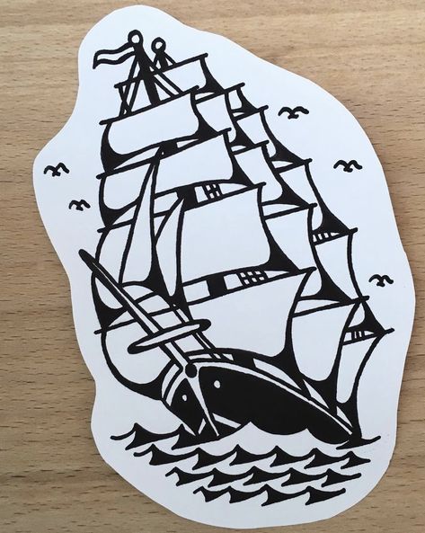 Traditional Ship Tattoo, Traditional Tattoo Stencils, Traditional Tattoo Drawings, Sailboat Tattoo, Boat Tattoo, Traditional Black Tattoo, Traditional Tattoo Old School, Small Chest Tattoos, Pirate Tattoo