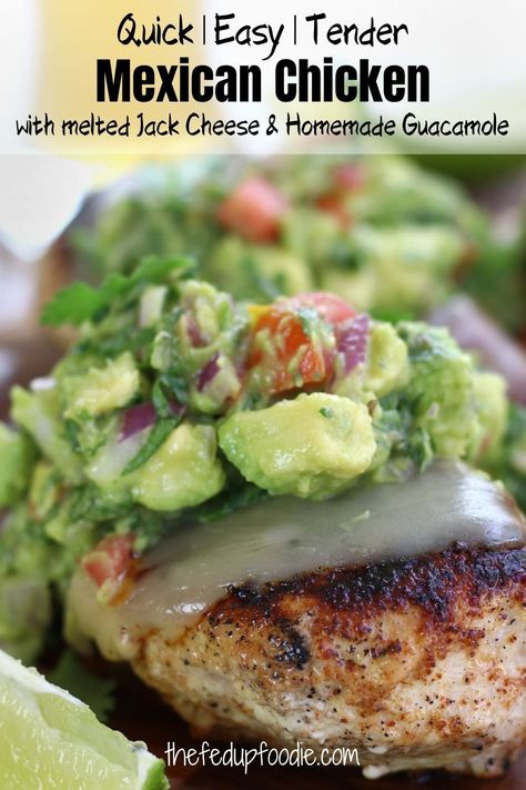 This quick and easy dry rubbed Mexican Chicken recipe is topped with melted cheese and the best ever homemade guacamole. Such an incredibly flavorful and healthy meal! #GuacamoleChickenRecipe #ChickenGuacamole #MexicanChickenBreasts #PanSearedChickenGuacamole #ChickenAvocadoRecipe #EasyChickenGuacamole #MexicanDryRubbedChickenRecipe #HealthyChickenBreastRecipe Mexican Chicken Breast Recipes, Mexican Chicken Breast, Avocado Chicken Recipes, Easy Mexican Chicken, Top Dinner Recipes, Chicken Melts, Cooking From Scratch, Eat Meals, Latin Recipes