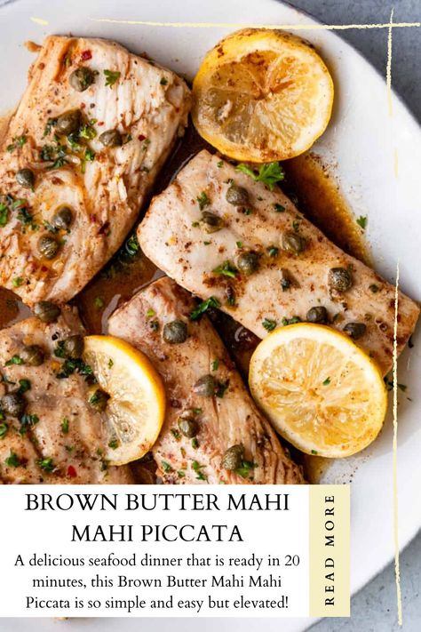 Mahi Mahi Picatta Recipe, Mahi Mahi Picatta, Lemon Caper Mahi Mahi, Mahi Piccata, October Dinner, Dinner Specials, Capers Recipe, Seafood Dinner Recipes, Pescetarian Recipes